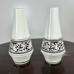 Oxford Japan Ceramic Salt & Pepper Shakers Set of 2 White Black Floral Gold Trim